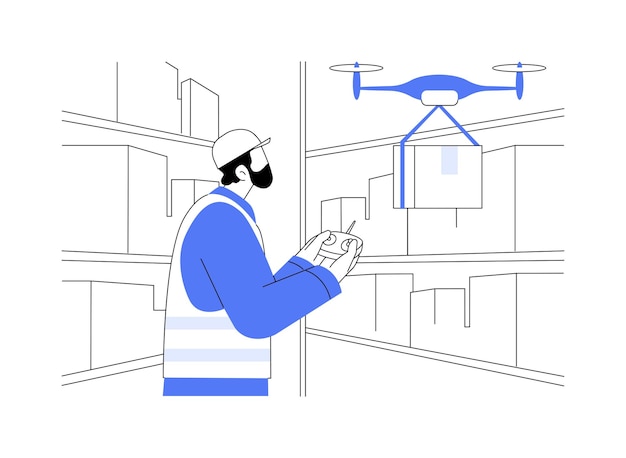 ドローンの抽象的な概念ベクトル図 スマート倉庫在庫技術で商品を輸送する自動誘導航空機株式の抽象的なメタファーの自動ドローン