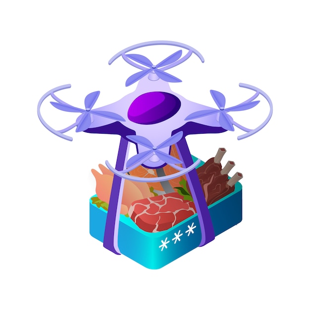 Vector drone carrying food box isometric illustration