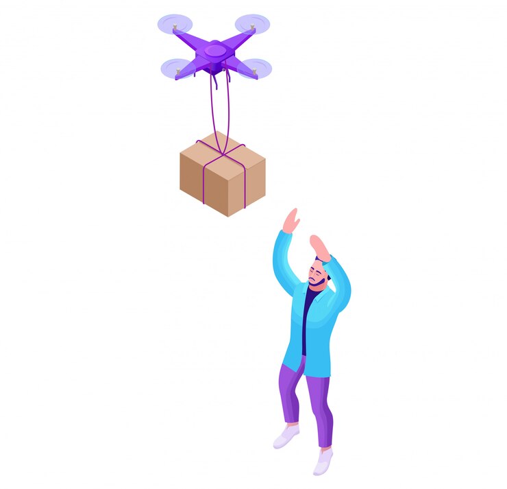 Vector drone delivering parcel to hipster man