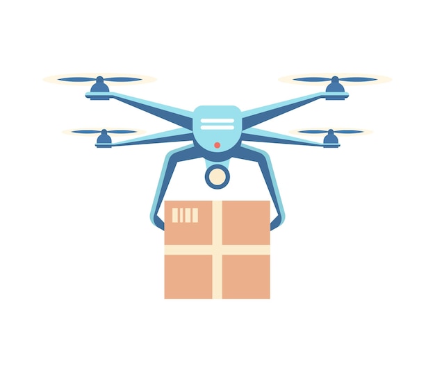 드론이 화물을 배송합니다 Quadrocopter는 구매자에게 상자를 운반합니다 혁신적인 배송 서비스 도구