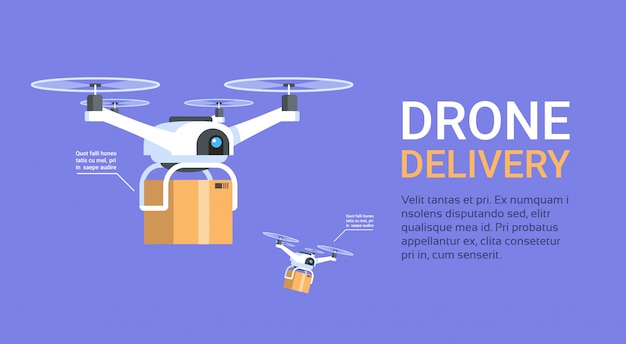 Drone delivery banner with template modern copters with boxes fly