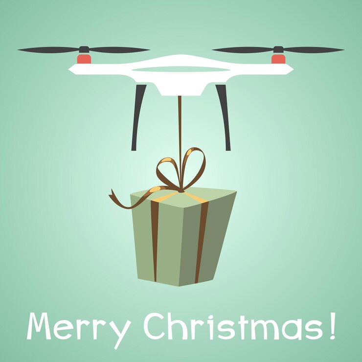 Vector drone delivery present new year merry christmas holiday banner flat vector illustration
