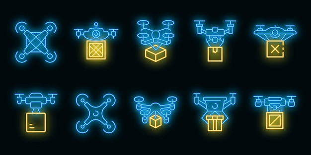 Drone delivery service icons set. outline set of drone delivery service vector icons neon color on black