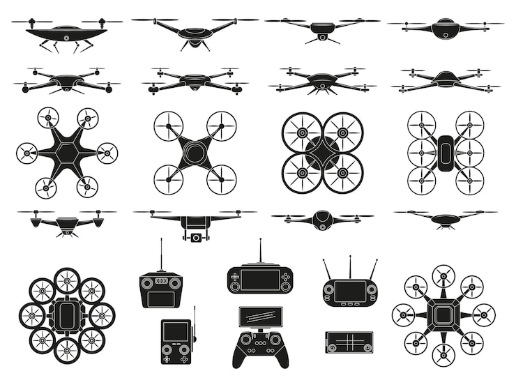 Vector drone icons aerial quadcopters vehicles silhouette symbols modern unmanned flying drones vector illustration set aerial quadcopters technology wireless aircraft with remote control