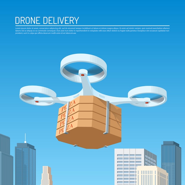 Drone levering concept illustratie. quadcopter die een pakket met pizza draagt