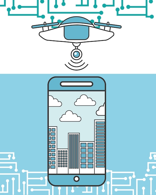 Drone smartphone-apparaat stad plaats vectorillustratie