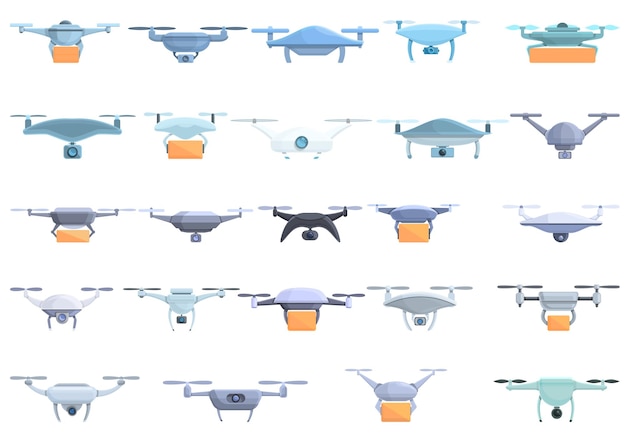 Drone technology icons set. Cartoon set of drone technology vector icons for web design