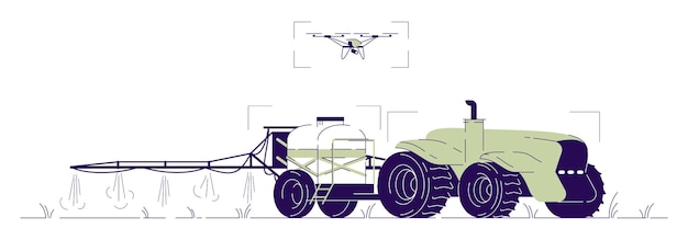 Vector drone watering tractor flat illustration. driverless agricultural machinery with uav control cartoon concept with outline. self driving tractor with fertilizer spreader, sprinkler for irrigation