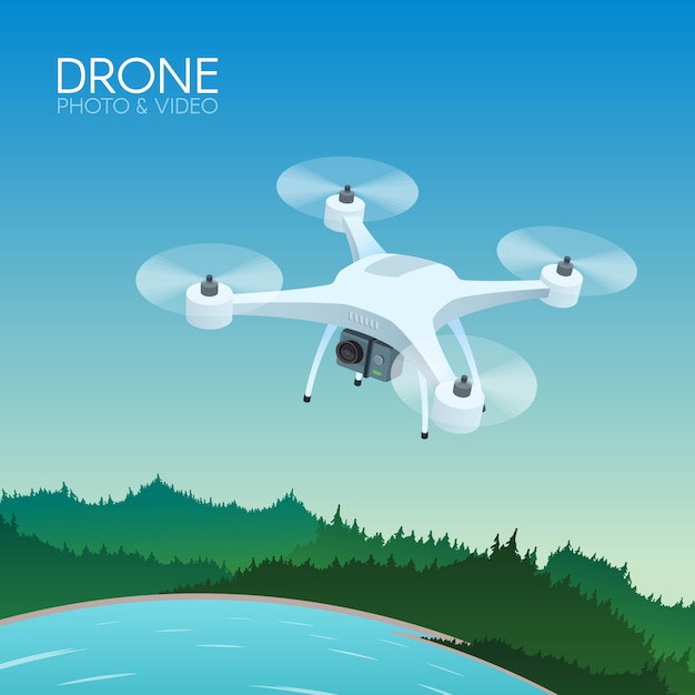 Drone with remote control flying over nature landscape. Aerial drone with camera taking photography and video concept   illustration