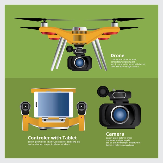 Drone con videocamera vdo e controller vector illustration