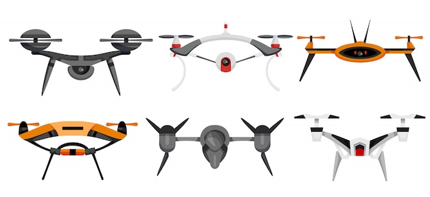 Drones. air drones hovering. aerial vehicle. unmanned aircrafts. set of modern air gadjet, quadrocopters on remote control. flat cartoon style of aircrafts camera