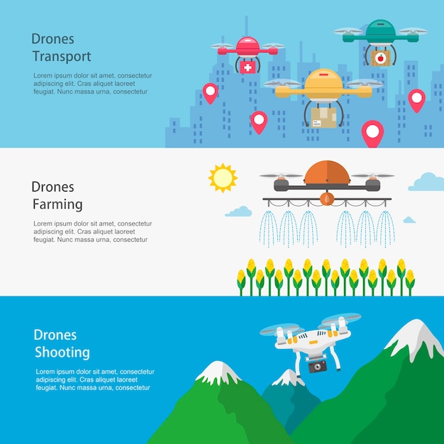 Vector drones applications banners design in flat style