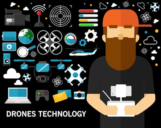 Drones technologie concept achtergrond. vlakke pictogrammen