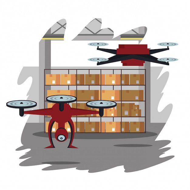 Drones in warehouse cartoon