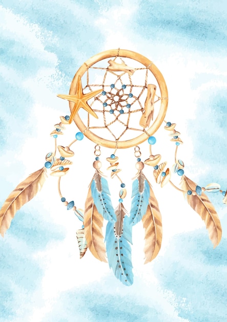 Droomvanger kaart of poster sjabloon met met schelpen en stenen kralen en blauw en beige