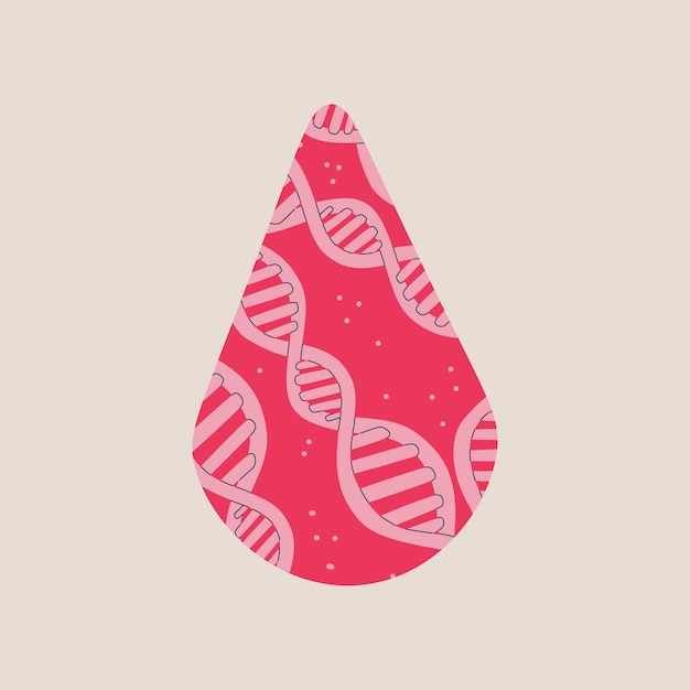 Капля крови со спиралями ДНК внутри. Векторная декоративная плоская иллюстрация для дизайна.