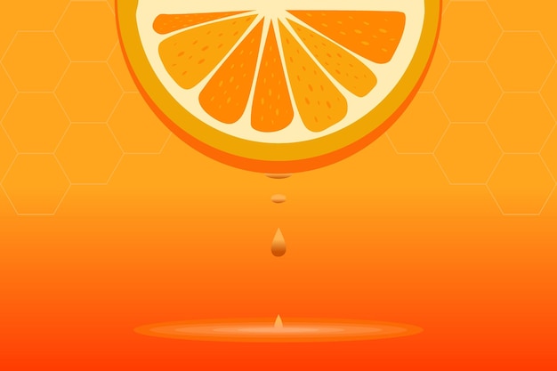 Drop of juice dripping from orange half on orange background with honeycomb pattern vector illustration