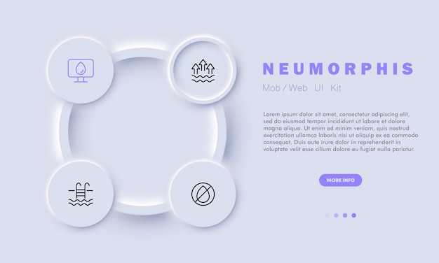 한 방울의 물 세트 아이콘 액체 수영장 마시는 파도 Thievaporationrst 식수 물 저장 음료 개념 Neomorphism 스타일 비즈니스 및 광고를 위한 벡터 라인 아이콘