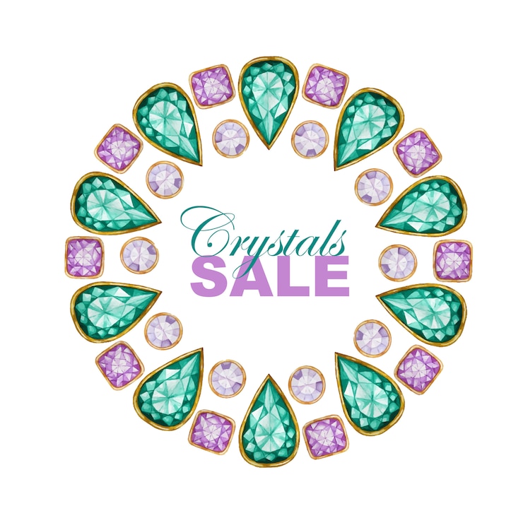 Vector drop, square and round crystal gemstone with gold element circle frame.