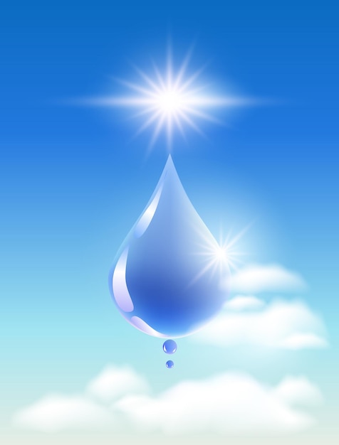 Drop of water in the clouds and sunshine. Symbol of clean  water.