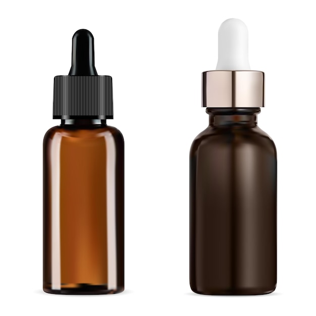 Dropper bottle Amber glass cosmetic serum bottle vector isolated on white Essential oil