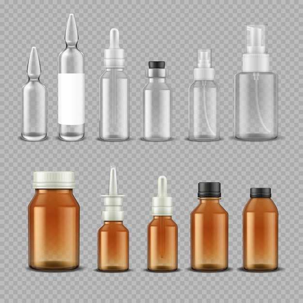 Vector dropper glass bottle. realistic medical containers for pills capsules eye drops aromatic oil. vector isolated plastic and glass bottles with screw lids on transparent background