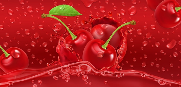 Vector drops. cherry juicy. 3d realistic