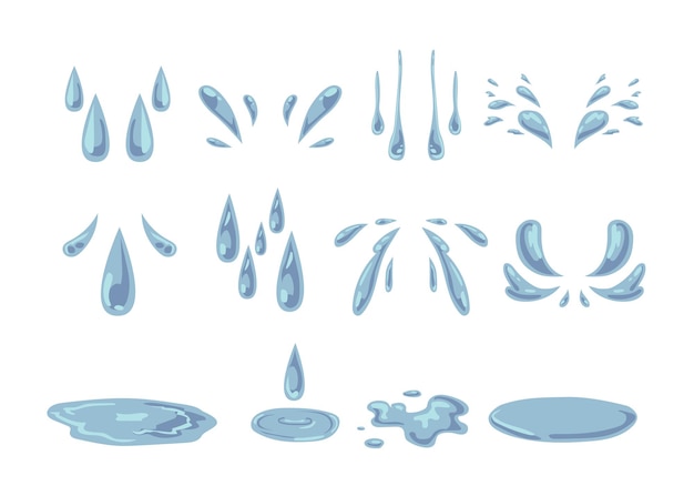 Drops and puddles of water vector illustrations set. simple droplets of sweat, rain or tears from crying, water dripping into streams on white background. emotions, nature concept for graphic design