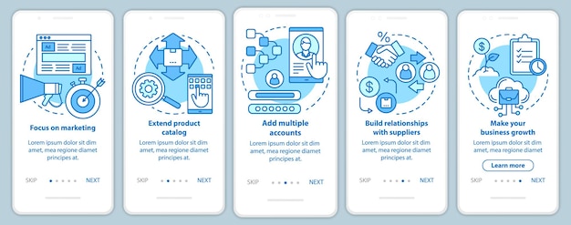 Dropshipping blue onboarding mobile app page screen with linear concepts. Focus on marketing, add multiple accounts walkthrough steps graphic instructions. UX, UI, GUI vector template with icons