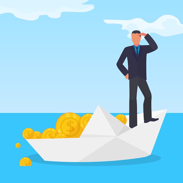 Drowning corrupt character male on white paper boat, stolen gold dollar coin flat vector illustration. Financial fraud scheme.