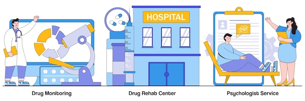 벡터 약물 모니터링 약물 재활 센터 심리학자 서비스 개념과 사람들 캐릭터 중독 치료 마약 중독자 약물 회복 및 재활 벡터 일러스트레이션 팩