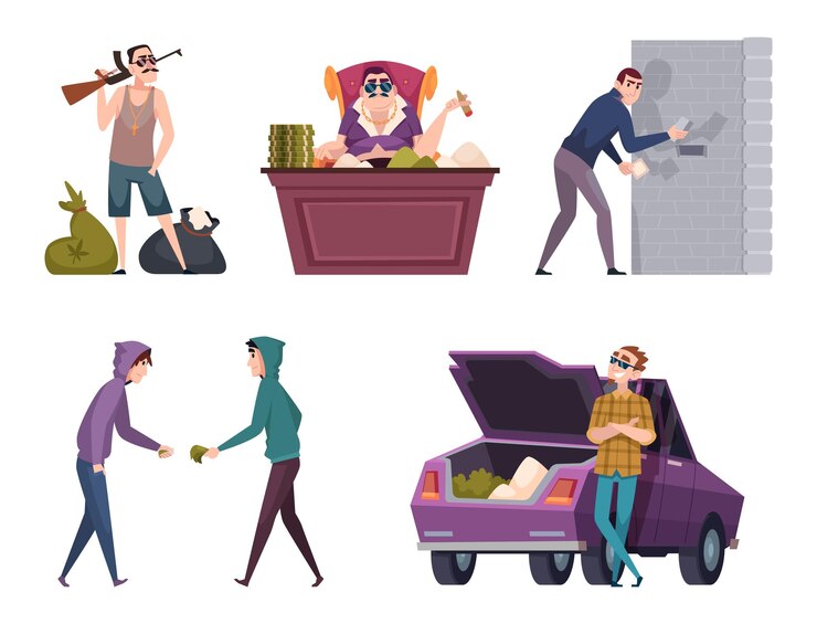 वेक्टर drug sales marijuana selling drugs dillers making business medicine pills exact vector cartoon characters in action poses