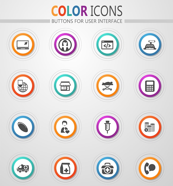 Drug store icons on round white buttons with color strokes