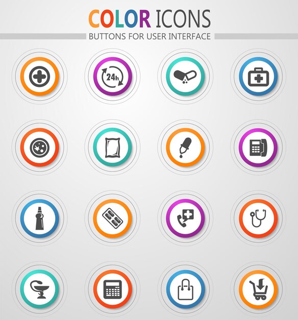 Drug store icons on round white buttons with color strokes