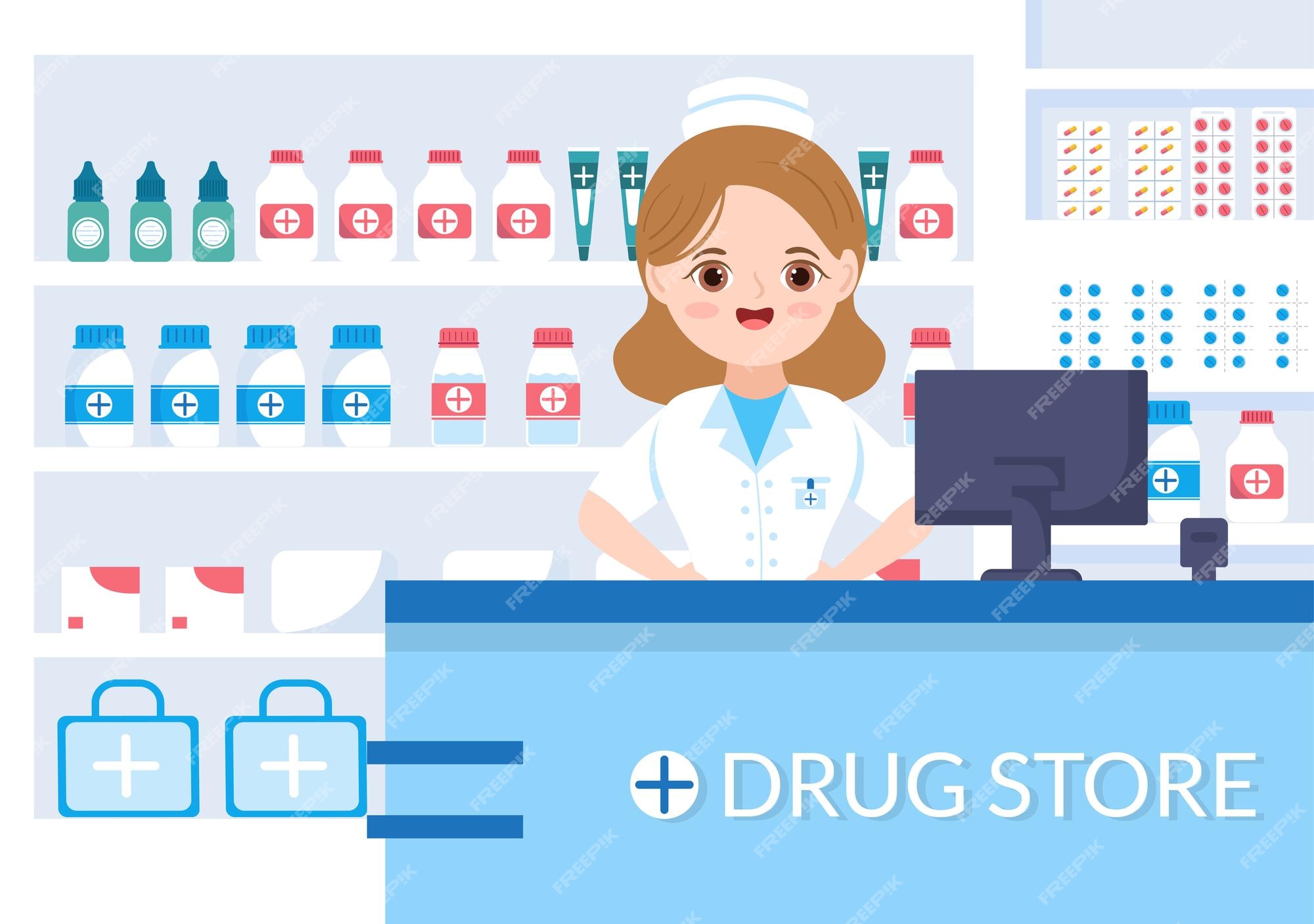 Premium Vector | Drug store template hand drawn cartoon illustration