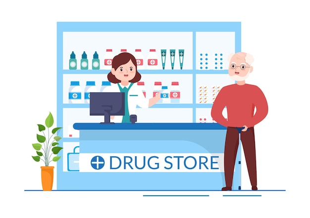 Modello di negozio di droga illustrazione di cartoni animati disegnati a mano negozio per la vendita di farmaci una medicina del farmacista