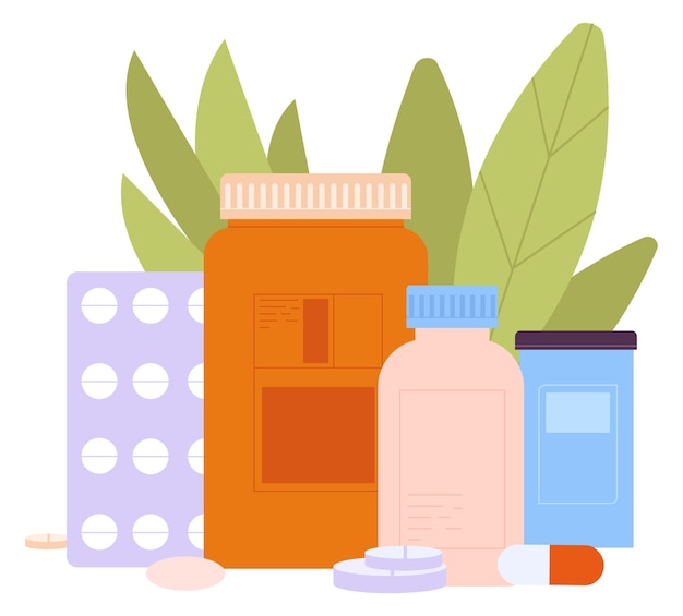 Vettore icona dei farmaci flaconi e confezioni di medicinali per farmacia con foglie verdi