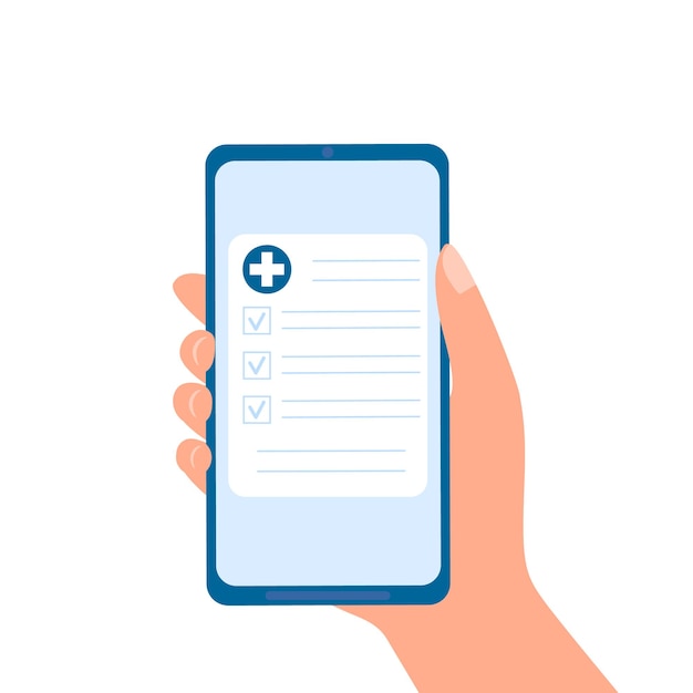 Рецепт лекарств или результаты медицинских тестов онлайн. Рука держит смартфон с лекарственным документом.