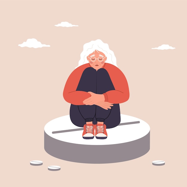 Vector drugs to relieve menopause symptoms sad elderly woman sitting on large pill female age problems vector illustration in flat cartoon style