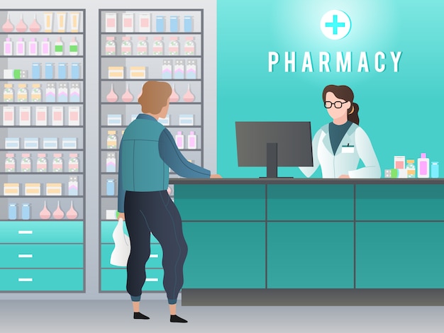 Vector drugstore. pharmacy with pharmacist, customer with prescription buys medicine in medical shop. pharmaceutical retail vector concept