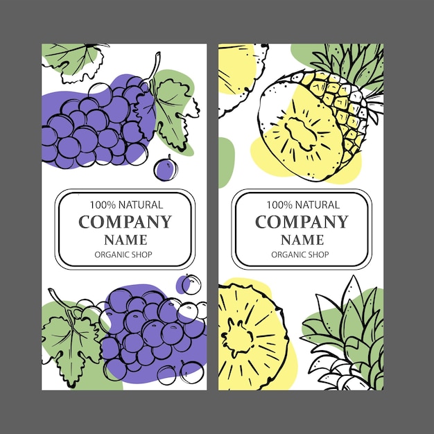 Druif ananas labels ontwerp schets vector illustratie set