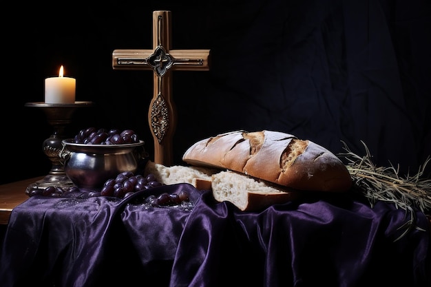 druiven brood heilige bijbel christelijk kruis en kelk voor de heilige communie