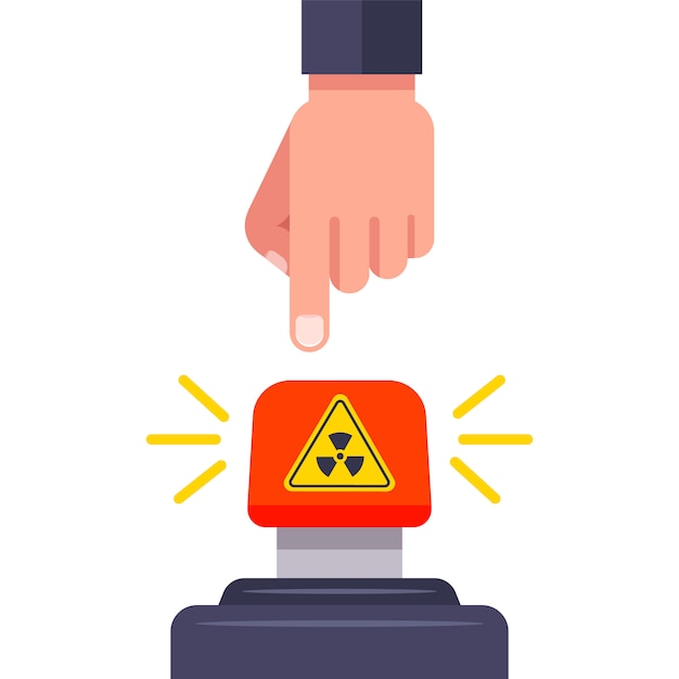 Vector druk op de rode atoomknop. oorlogsverklaring. vlakke afbeelding.