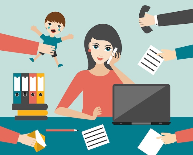 Drukke multitasking vrouw klerk in kantoor Platte vector