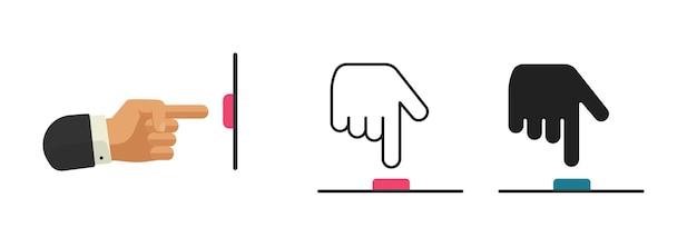 Drukknop hand vinger icoon vector platte lijn stroke outline kunst eenvoudige grafische pictogram illustratie set druk activeren start schakelaar rood blauw teken symbool ui info deurbel power click guide