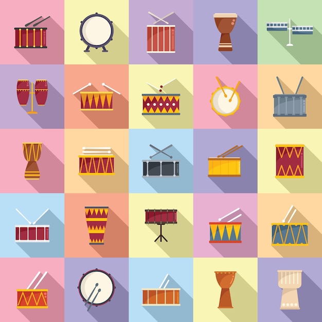 Drum icons set flat vector instrument music