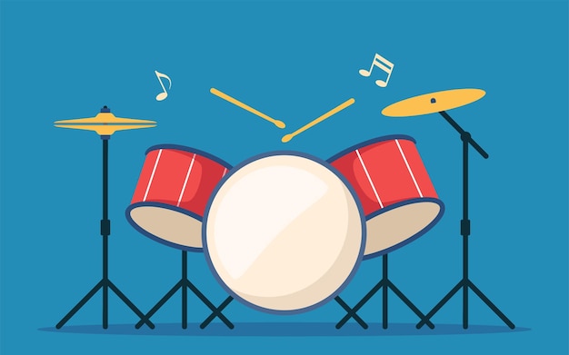 Drum kit percussion musical instrument red drums stick and cymbal flat style vector illustration