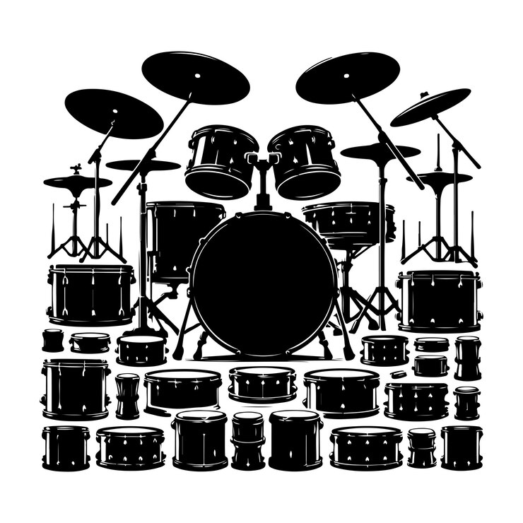 Vector drum kit set vector drummer silhouette vector art