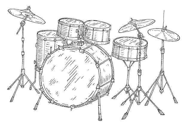 Vector drum kit set vintage black engraving illustration