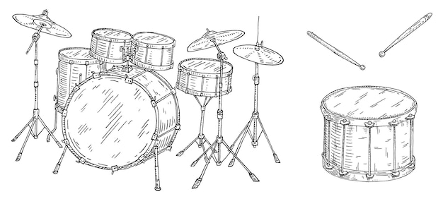 Vector drum kit set vintage black engraving illustration